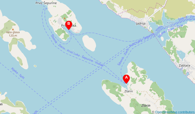 Map of ferry route between Zlarin and Prvic Luka